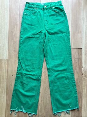 Zara green wide straight leg raw hem high waisted denim jeans